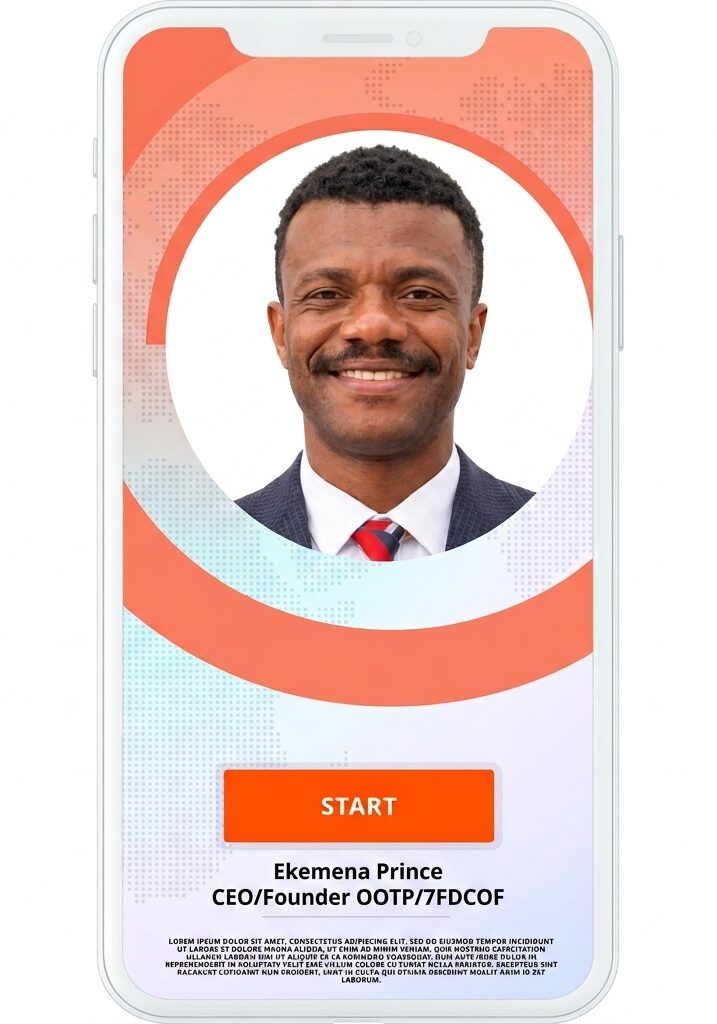Mr President, founder of the digital creators community 7FDCOF, on a mobile app Start screen for African creators beginning digital product creation