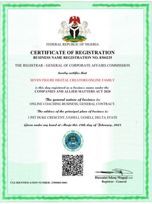 7FDCOF Nigeria registration certificate
