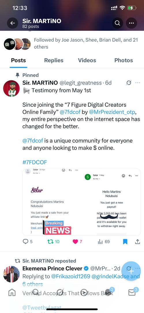 7FDCOF member testimonial, real earnings from digital product creation and affiliate marketing