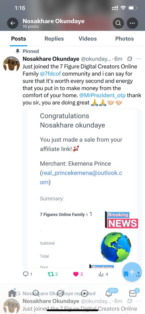 7FDCOF member testimonial, real earnings from digital product creation and affiliate marketing