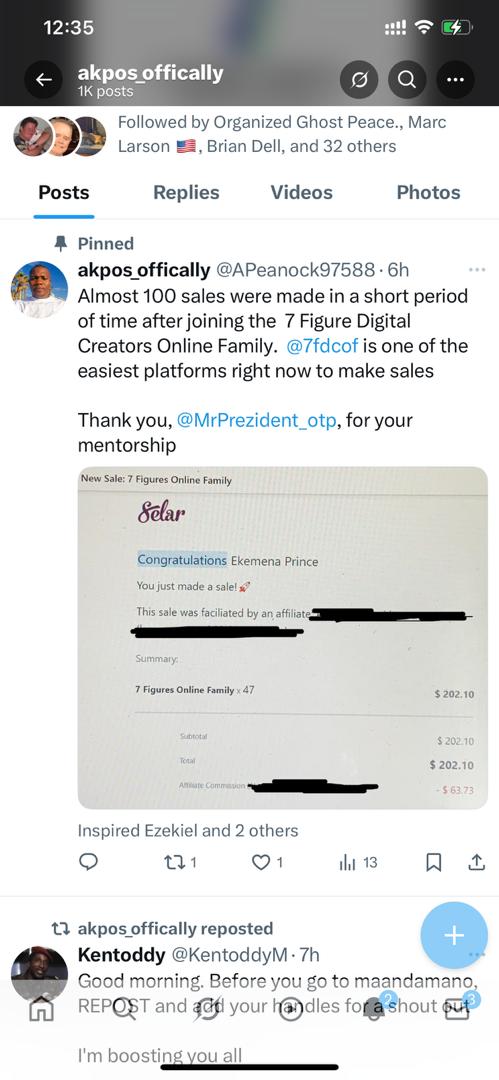 7FDCOF member testimonial, real earnings from digital product creation and affiliate marketing